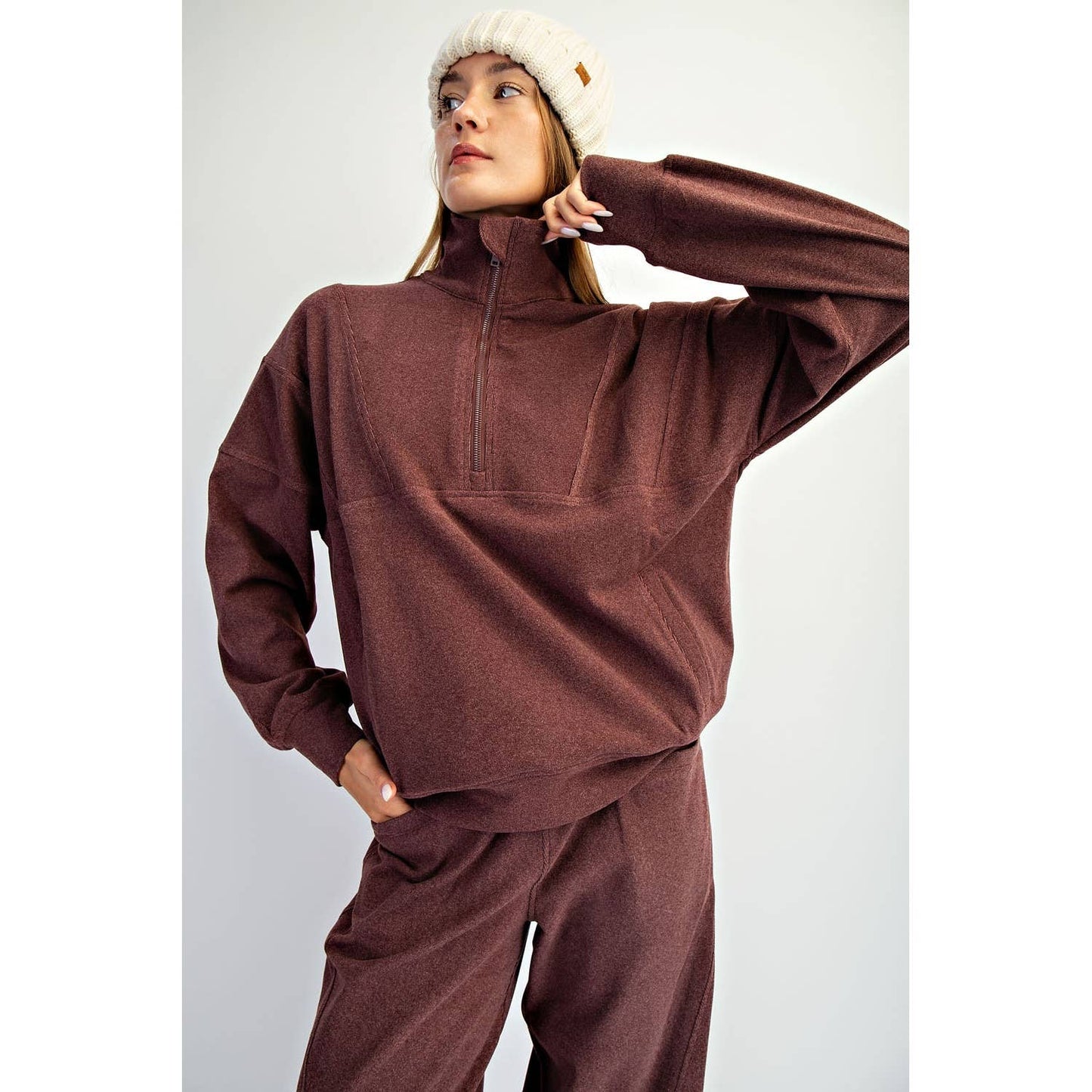 BRUSHED RIB QUARTER ZIP PULLOVER