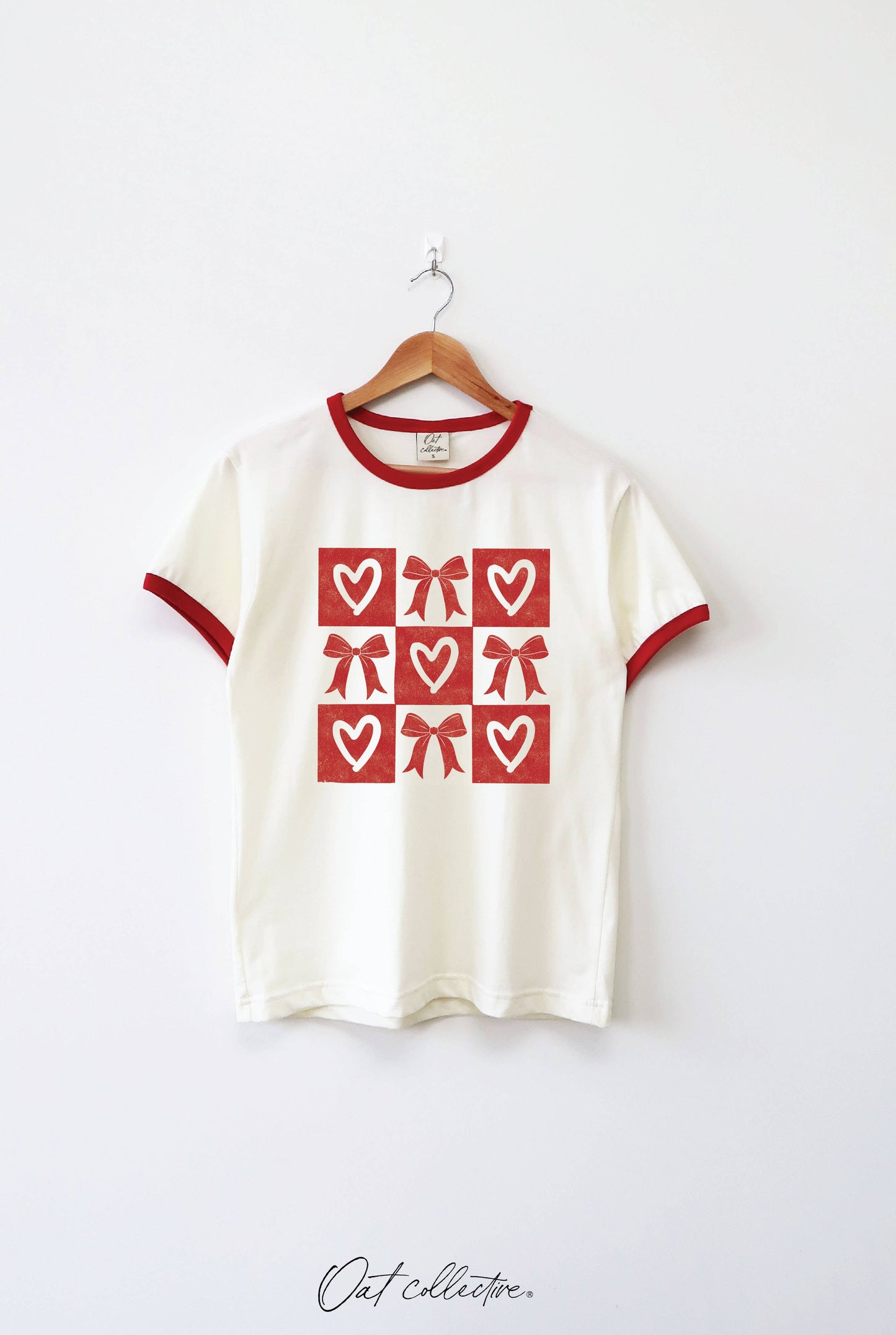 BOW AND HEART GRID Ringer Graphic T-Shirt