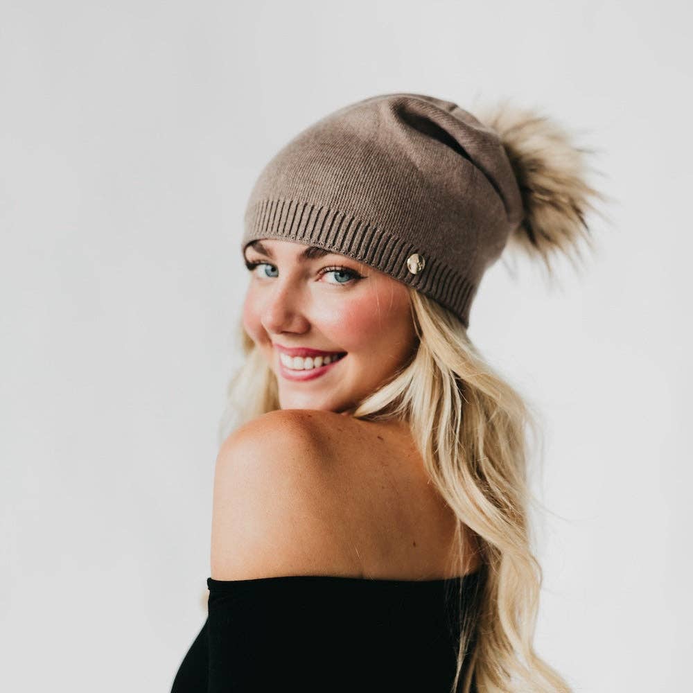 Fine Knit Fur Pom Slouchy Beanie Wholesale