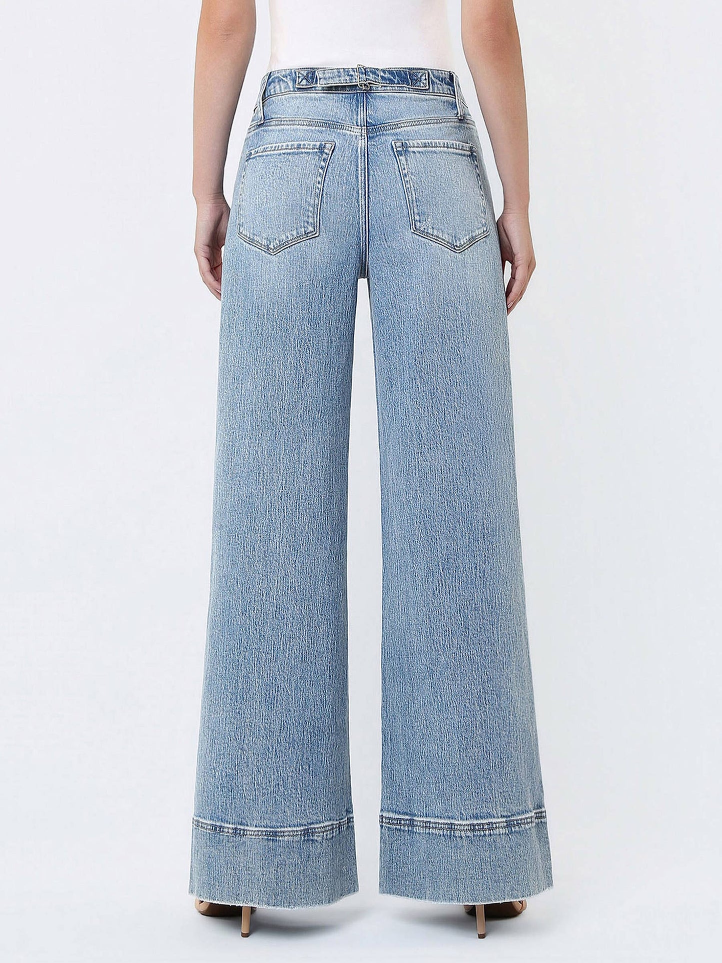HIGH RISE METAL BUCKLE TRIM EXTREME WIDE JEANS
