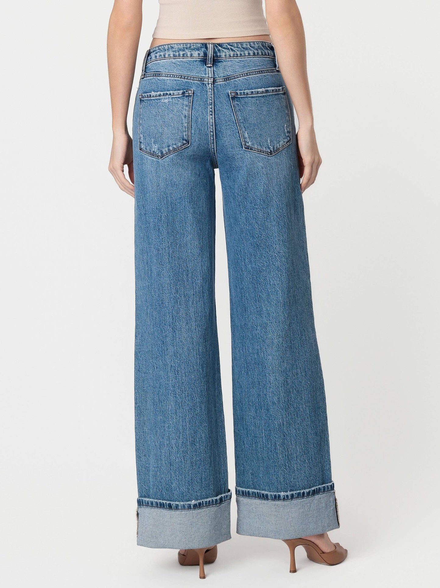 HIGH RISE CUFFED PANEL BAGGY WIDE JEANS