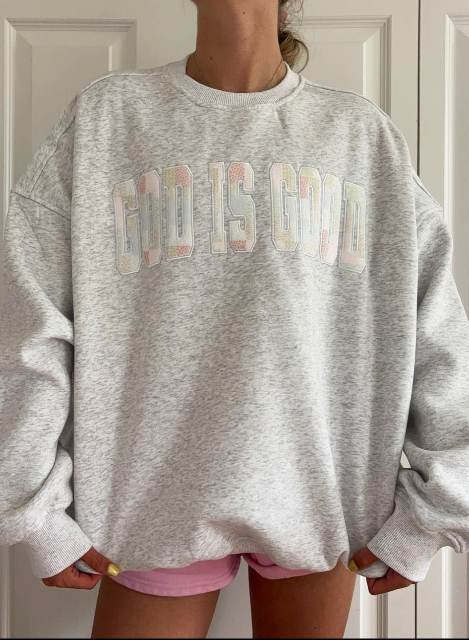 God Is Good Quilted Pastel Embroidered Sweatshirt