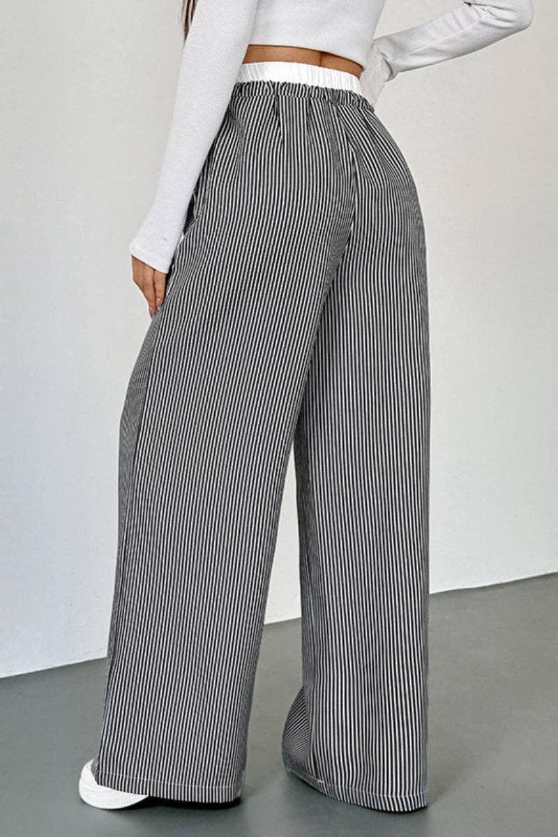 Striped High Waist Wide Leg Casual Drawstring Pants Women