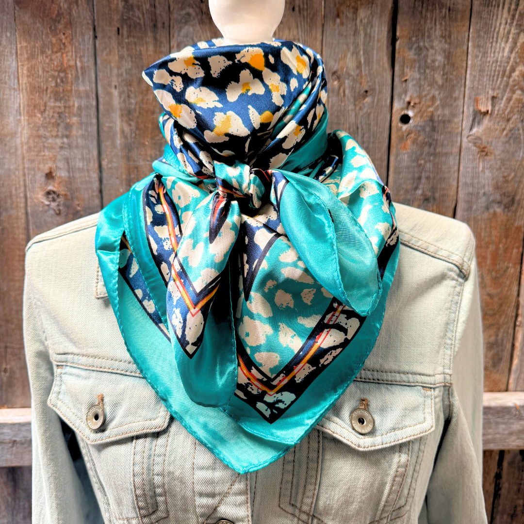 35X35" Blue and Aqua Flower and Spots Pattern Wild Rag / Scarf WR1038