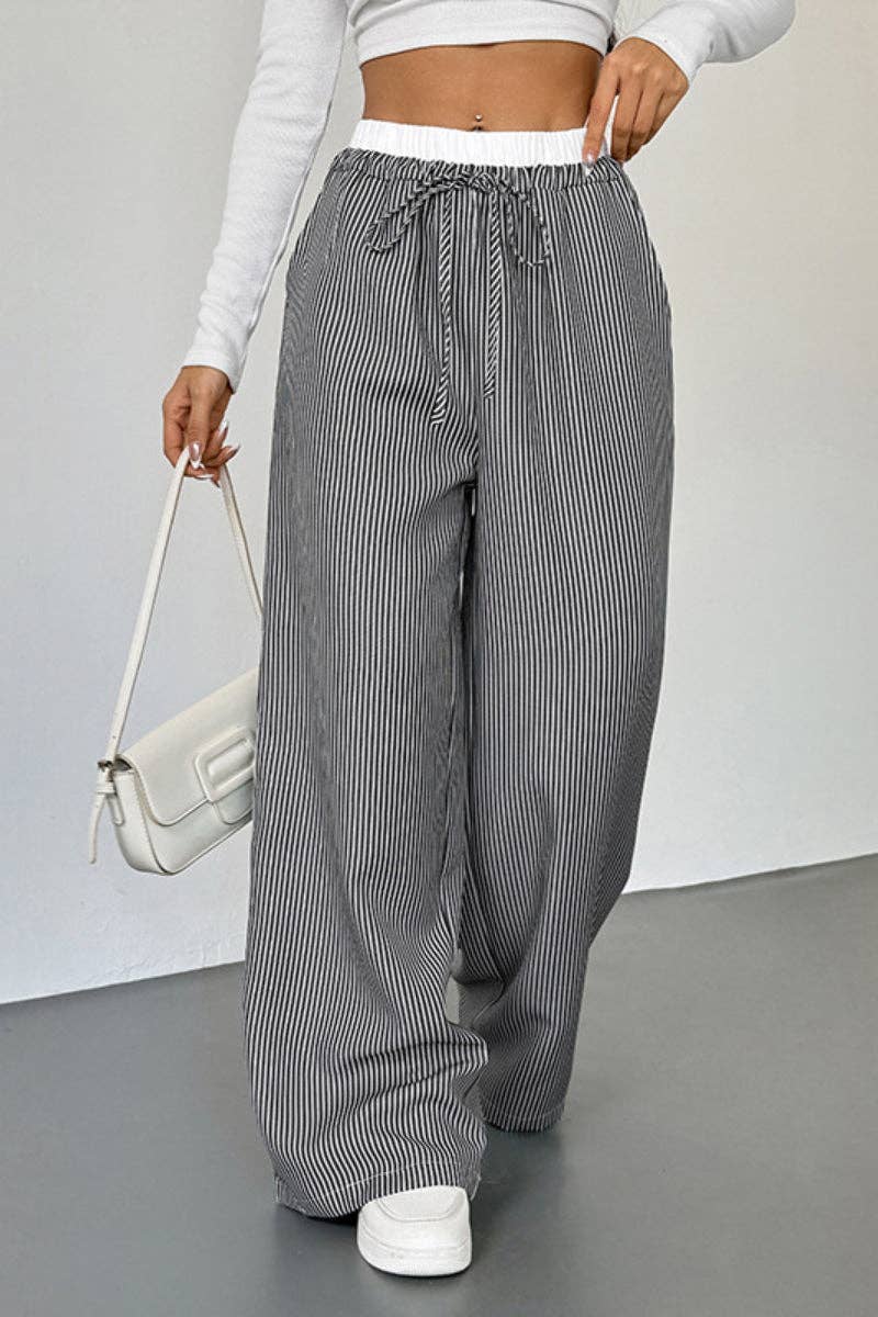 Striped High Waist Wide Leg Casual Drawstring Pants Women
