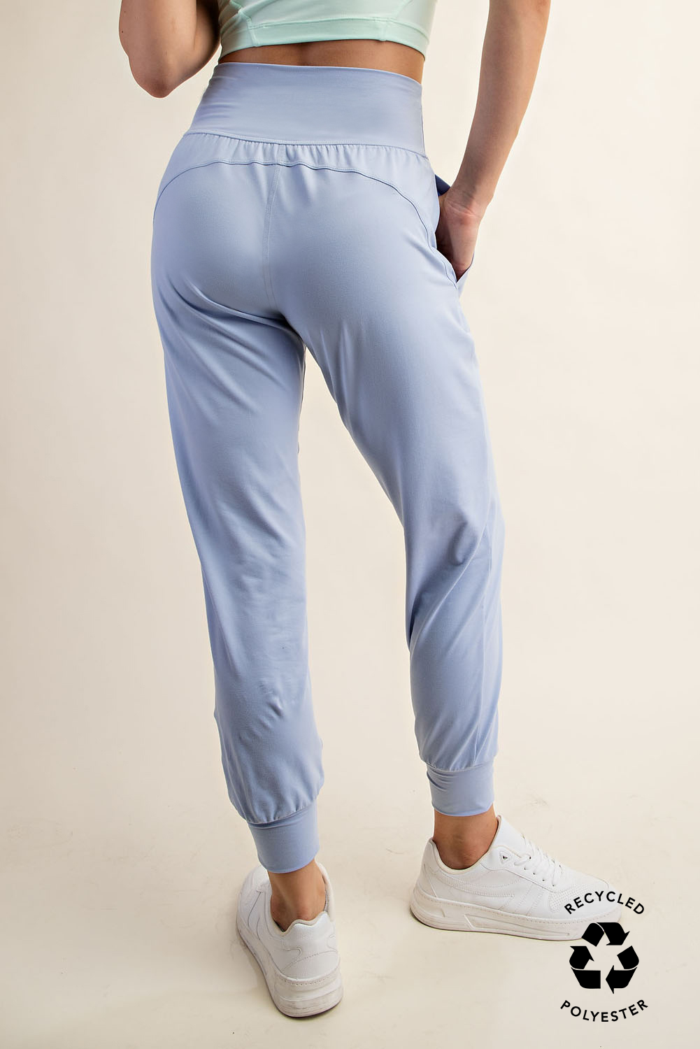 back view of butter soft joggers in light blue