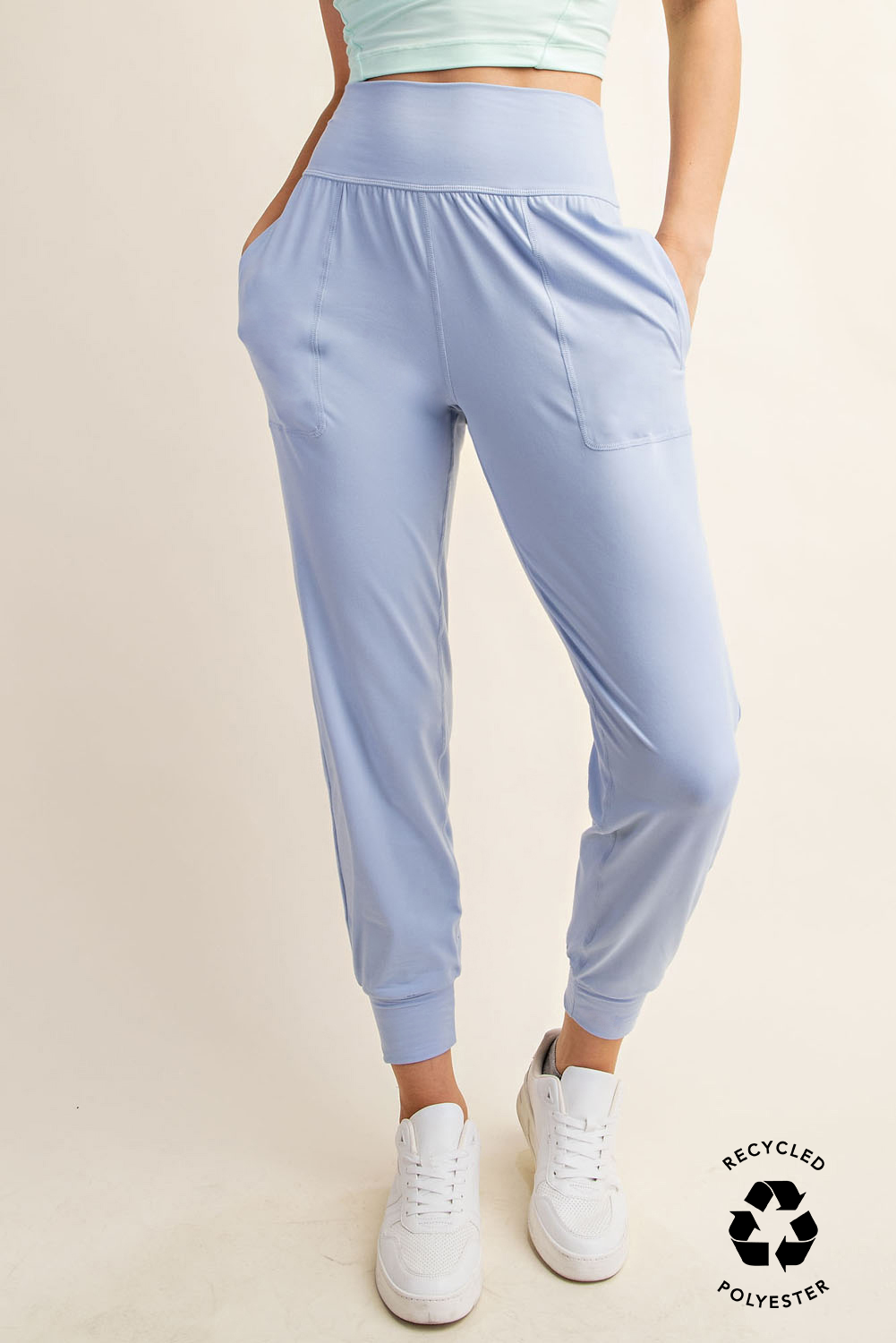 front view of butter soft joggers in light blue