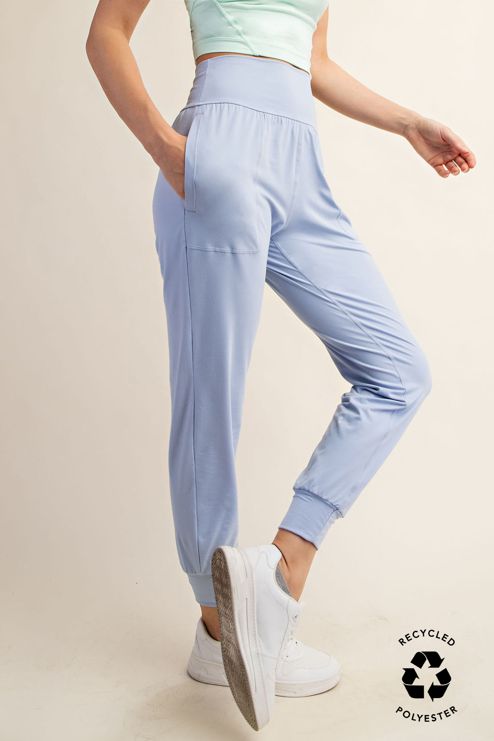 side view of butter soft joggers in light blue