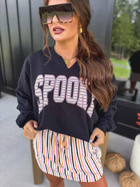 SPOOKY Stripes SPLIT NECK Graphic Crewneck on Black