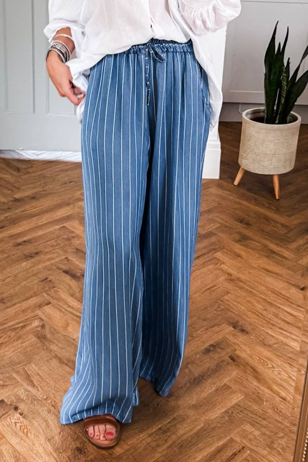 Stripe Chambray Wide Leg Tied Elastic Waist Trousers