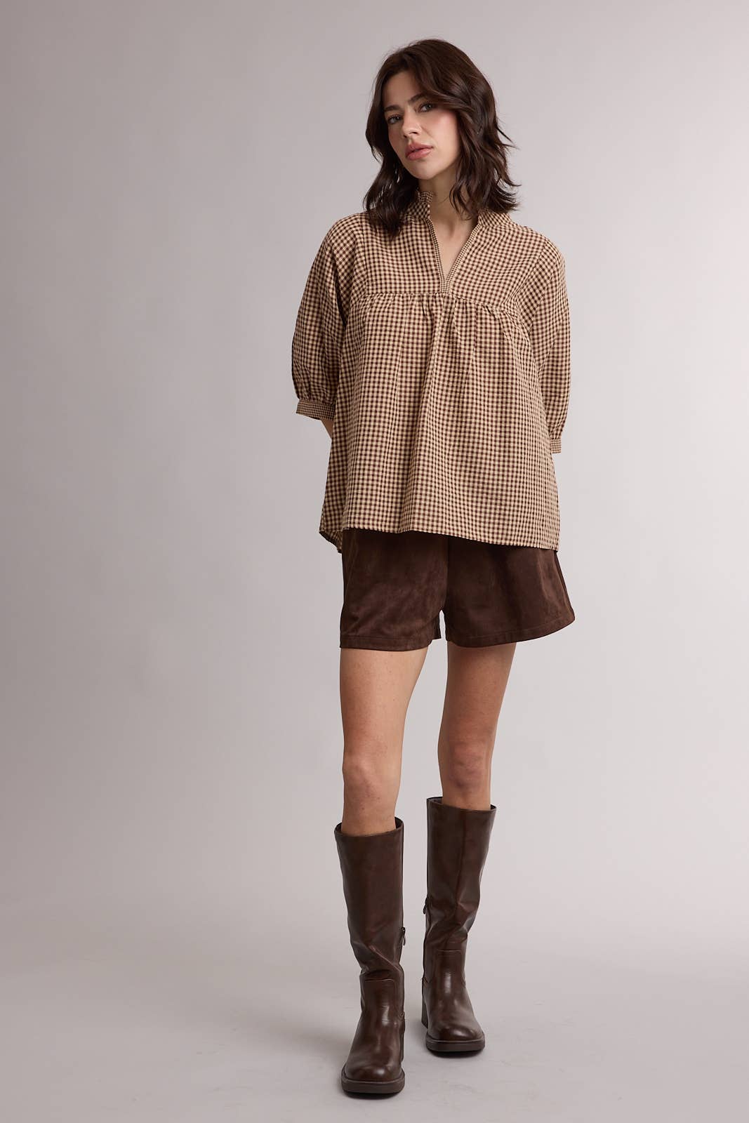 PLAID MOCK NECK BLOUSE