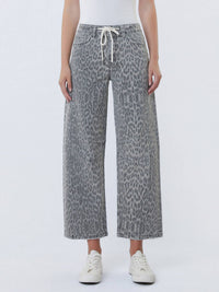 HIGH RISE DRAWSTRING GREY LEOPARD BARREL JEANS