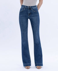 HIGH RISE DARK WASH TROUSER HEM BOOTCUT JEANS