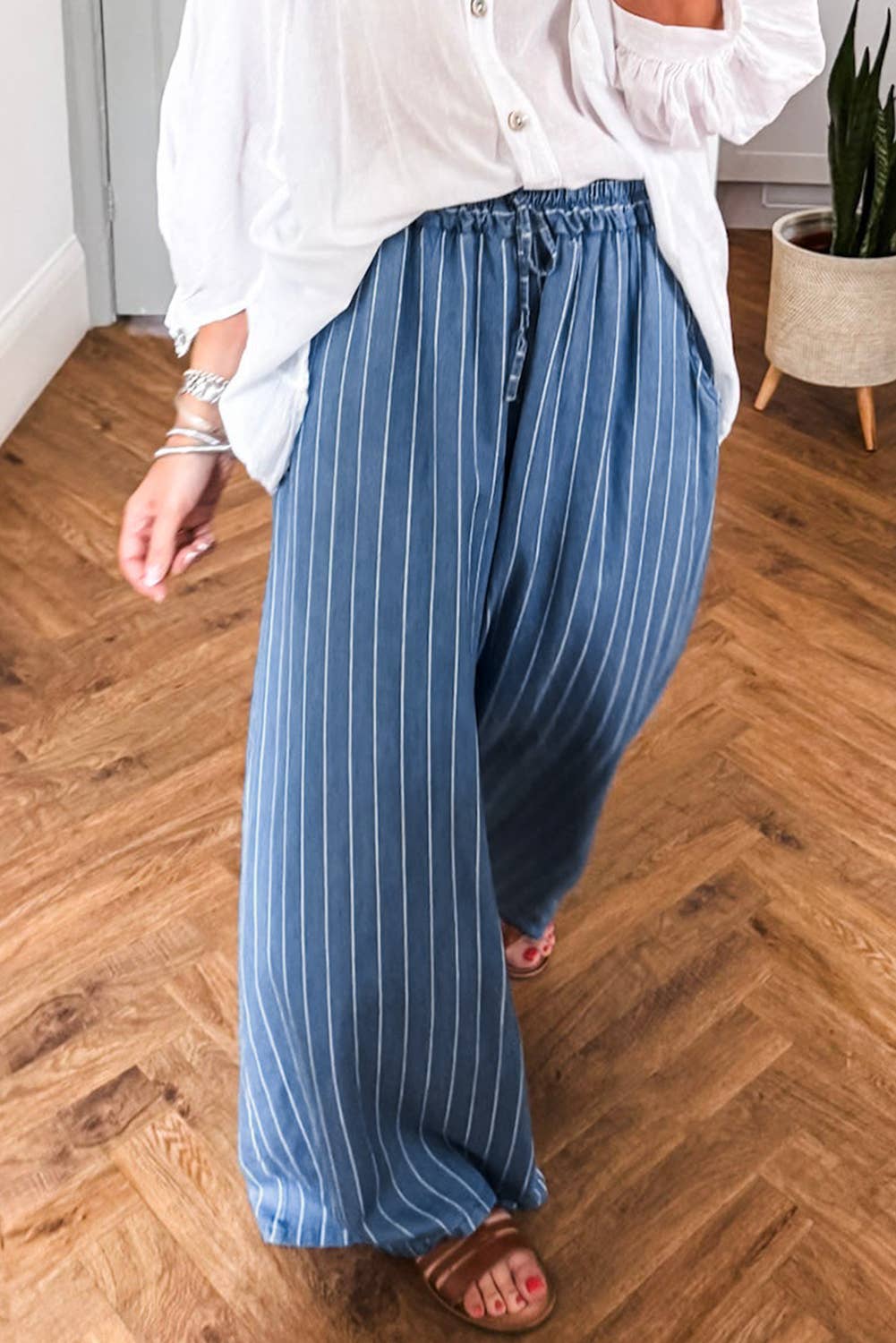 Stripe Chambray Wide Leg Tied Elastic Waist Trousers
