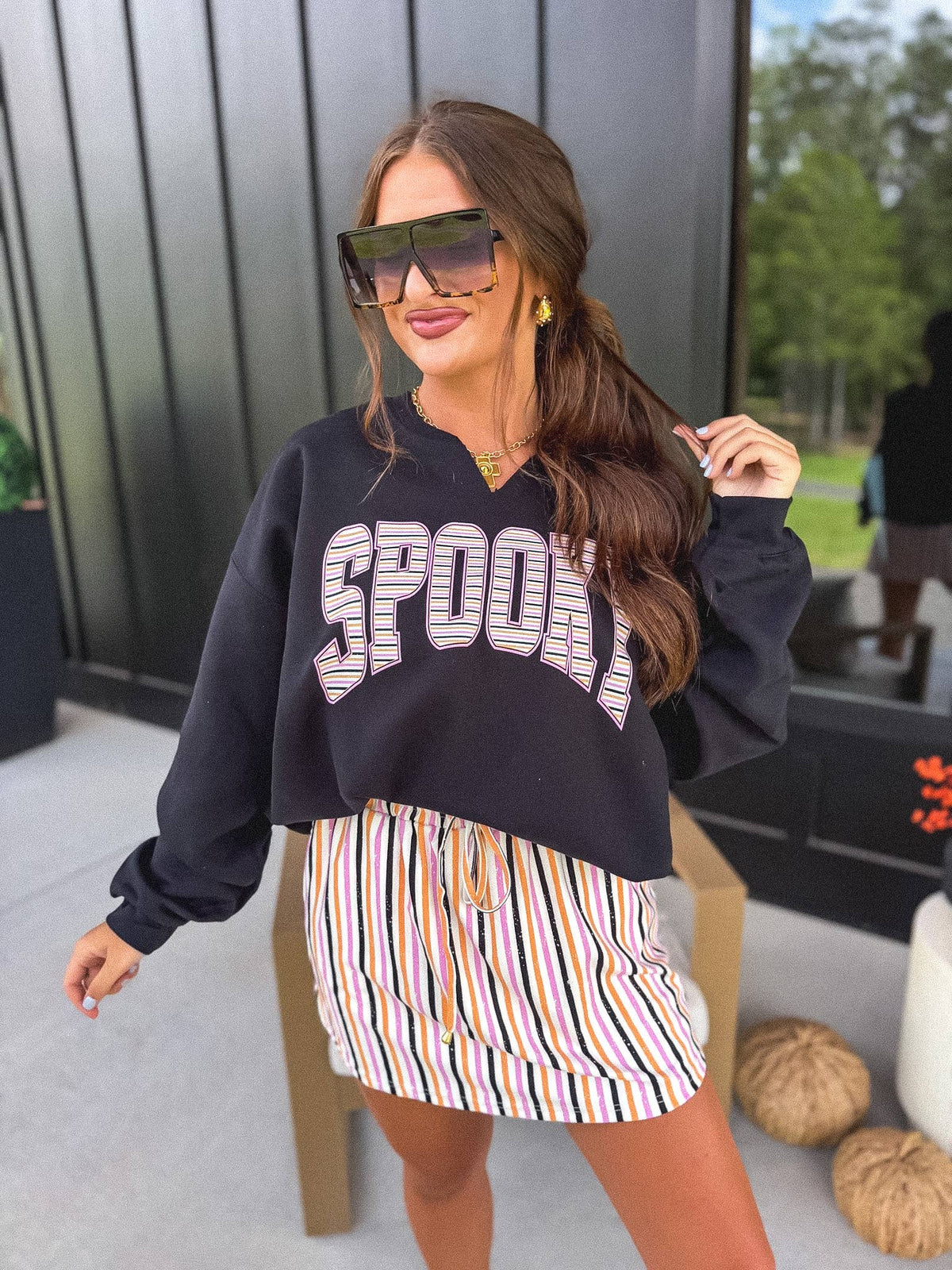 SPOOKY Stripes SPLIT NECK Graphic Crewneck on Black