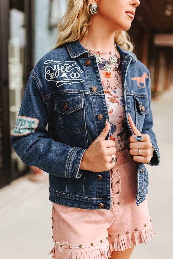 Plus Mid Wash Western Embroidered Patch Denim Jacket
