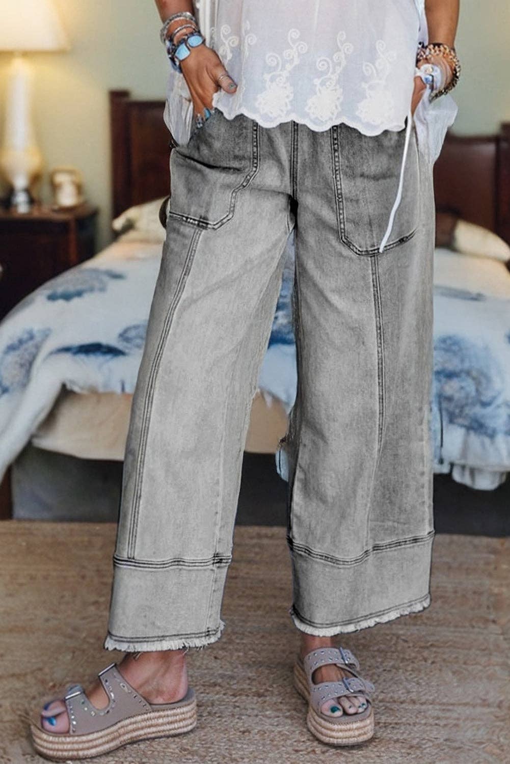 Drawstring Raw Hem Wide Leg Denim Pants