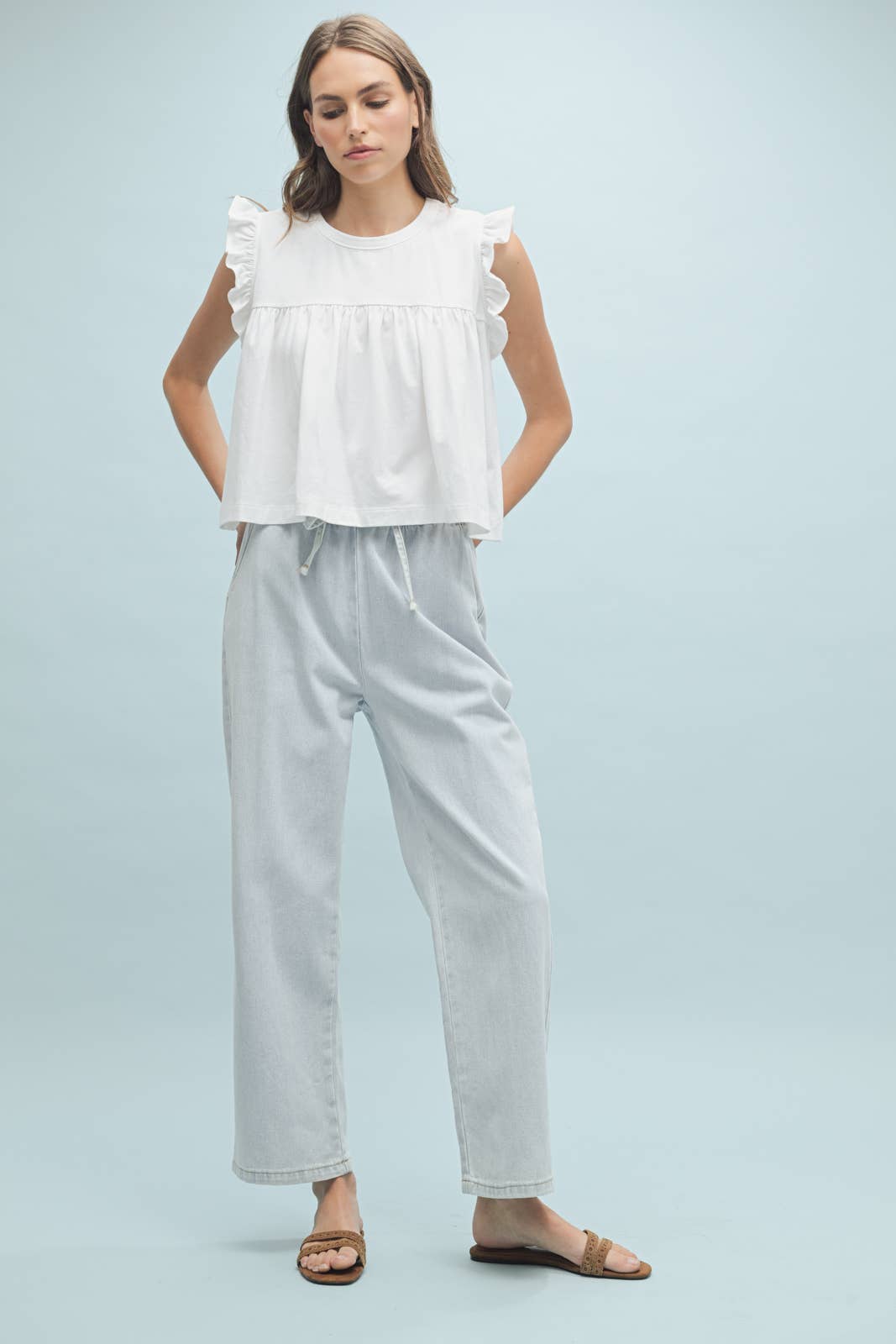 RUFFLE SLEEVE RELAXED CROP KNIT TOP