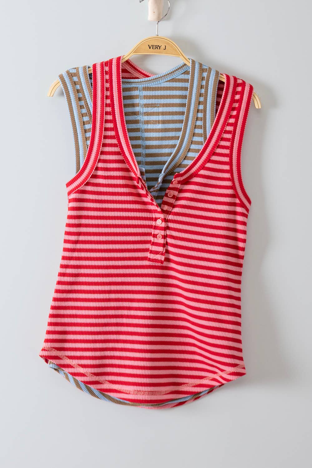 Striped & Solid Button Down Fitted Knit Tank Top