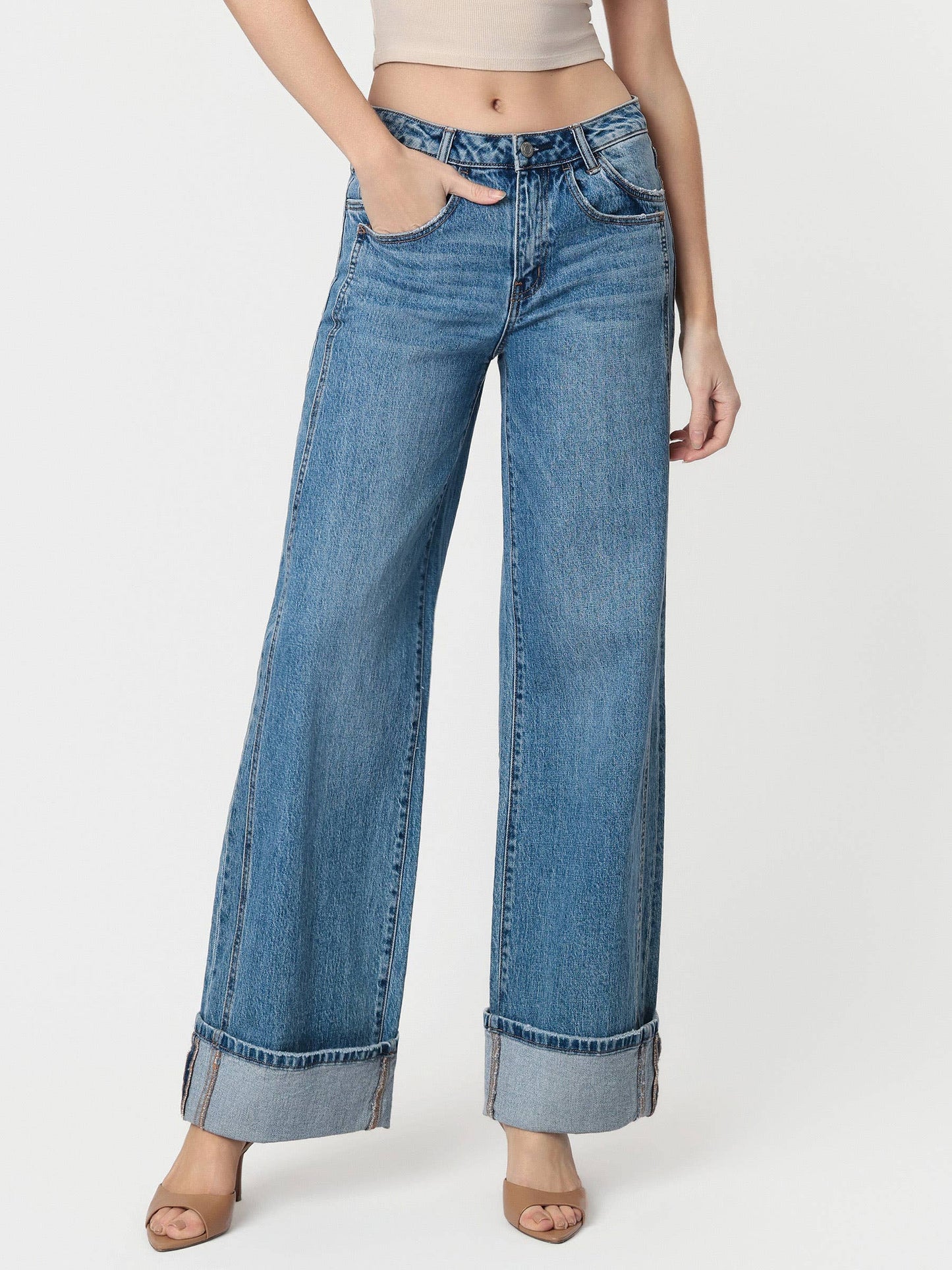 HIGH RISE CUFFED PANEL BAGGY WIDE JEANS
