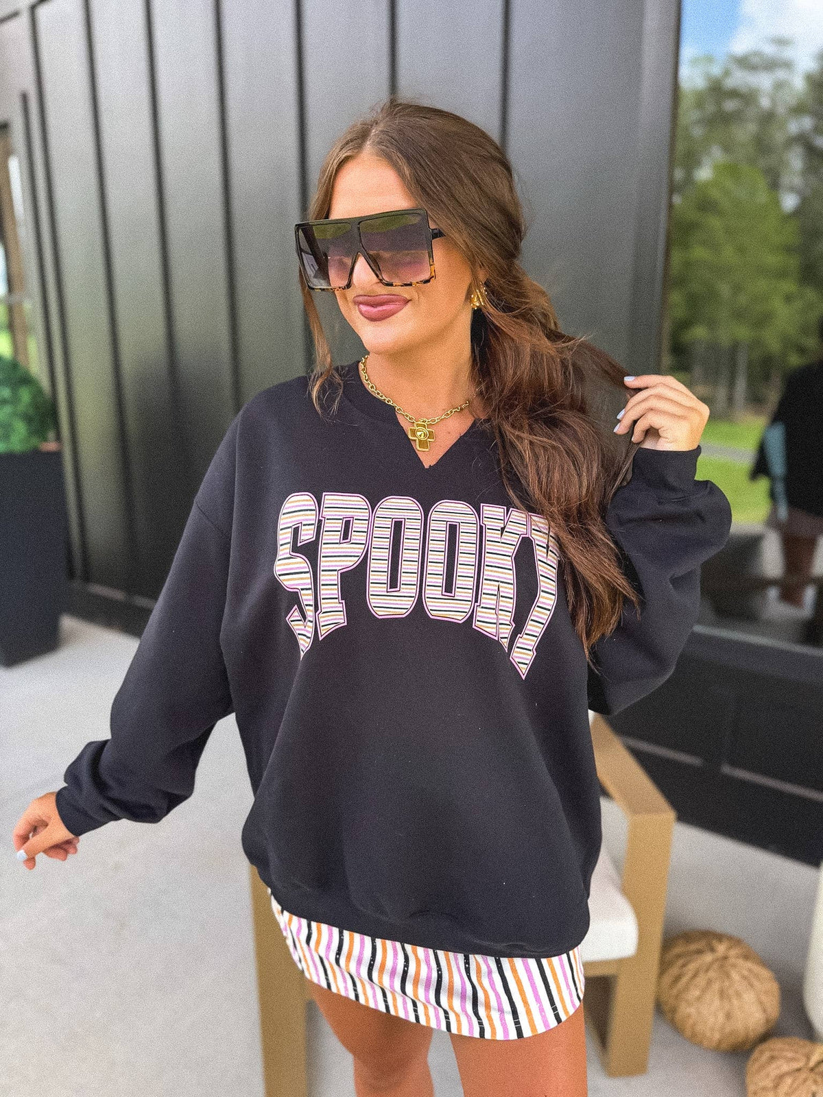 SPOOKY Stripes SPLIT NECK Graphic Crewneck on Black