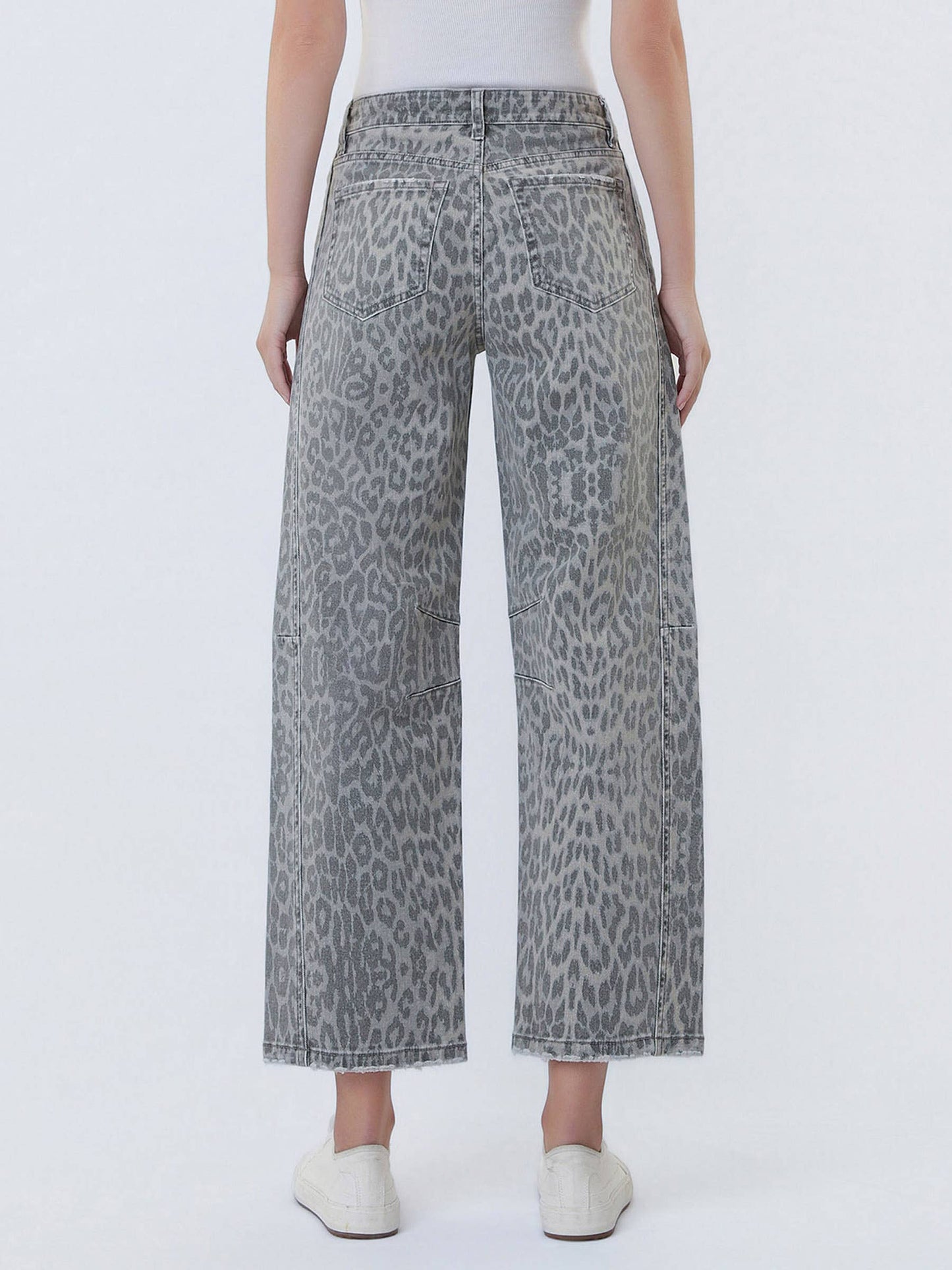 HIGH RISE DRAWSTRING GREY LEOPARD BARREL JEANS