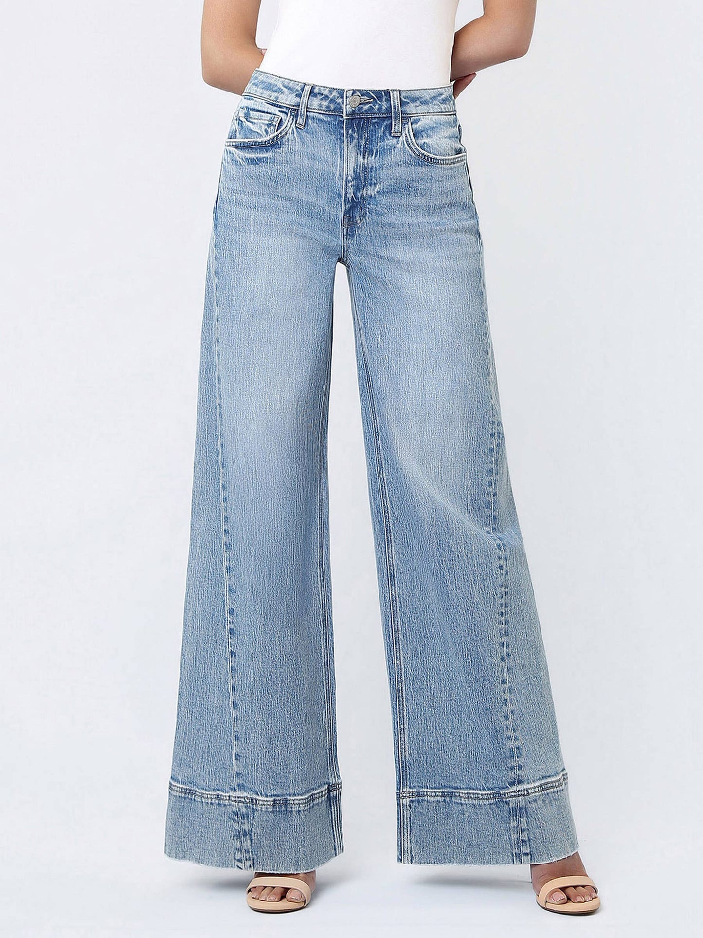 HIGH RISE METAL BUCKLE TRIM EXTREME WIDE JEANS