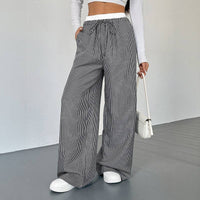 Striped High Waist Wide Leg Casual Drawstring Pants Women