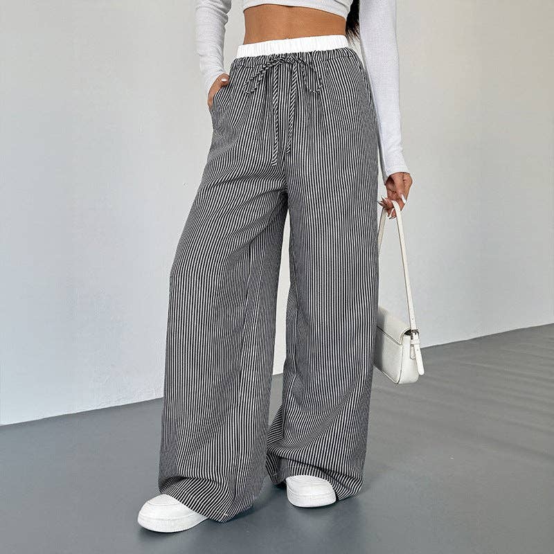 Striped High Waist Wide Leg Casual Drawstring Pants Women