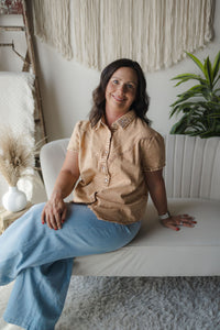 Camel Stretch Denim Pearl Cowgirl and Bow Embroidered Shirt