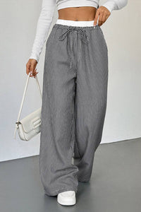 Striped High Waist Wide Leg Casual Drawstring Pants Women