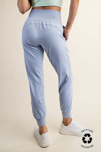 back view of butter soft joggers in light blue