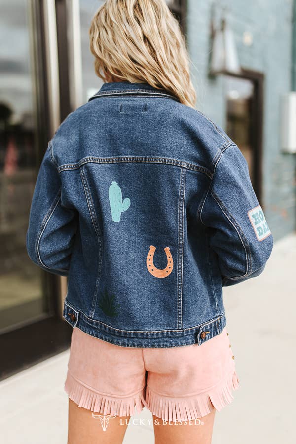 Plus Mid Wash Western Embroidered Patch Denim Jacket