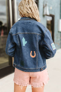 Plus Mid Wash Western Embroidered Patch Denim Jacket