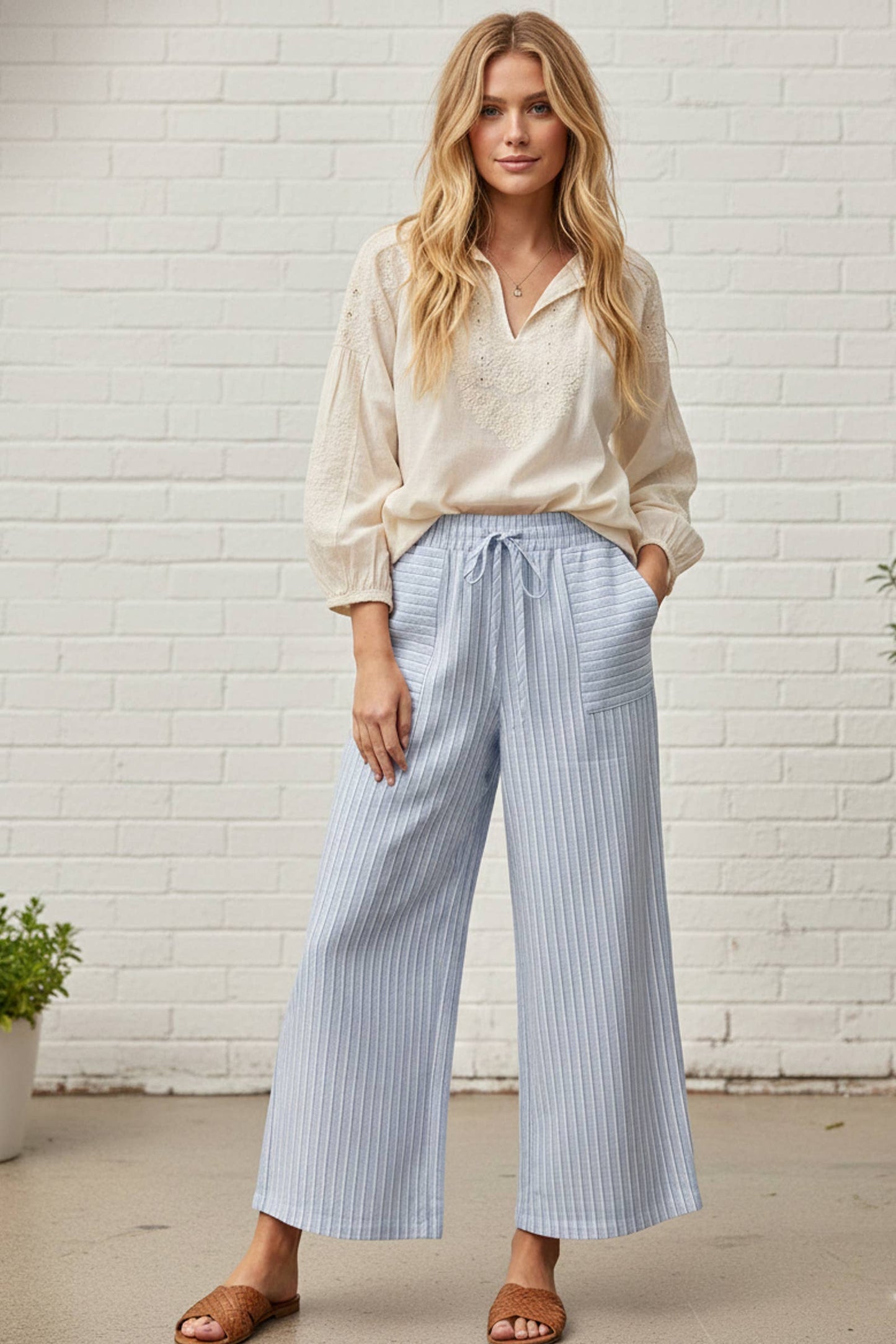 Striped Cotton Wide Leg Pants
