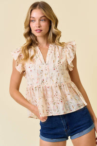 FLORAL PRINTED RUFFLE SLEEVE TOP -